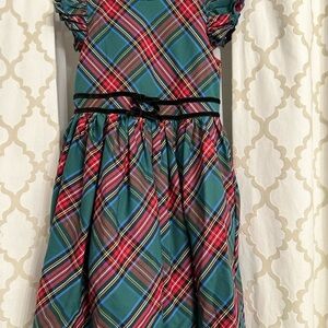 Colorful Plaid Kids Dress with Velvet Trim